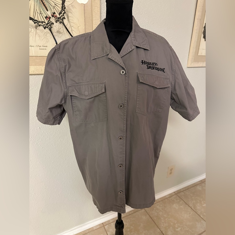 Vintage Harley-Davidson Grey Short Sleeve Shirt Skull Embroidery Size Large